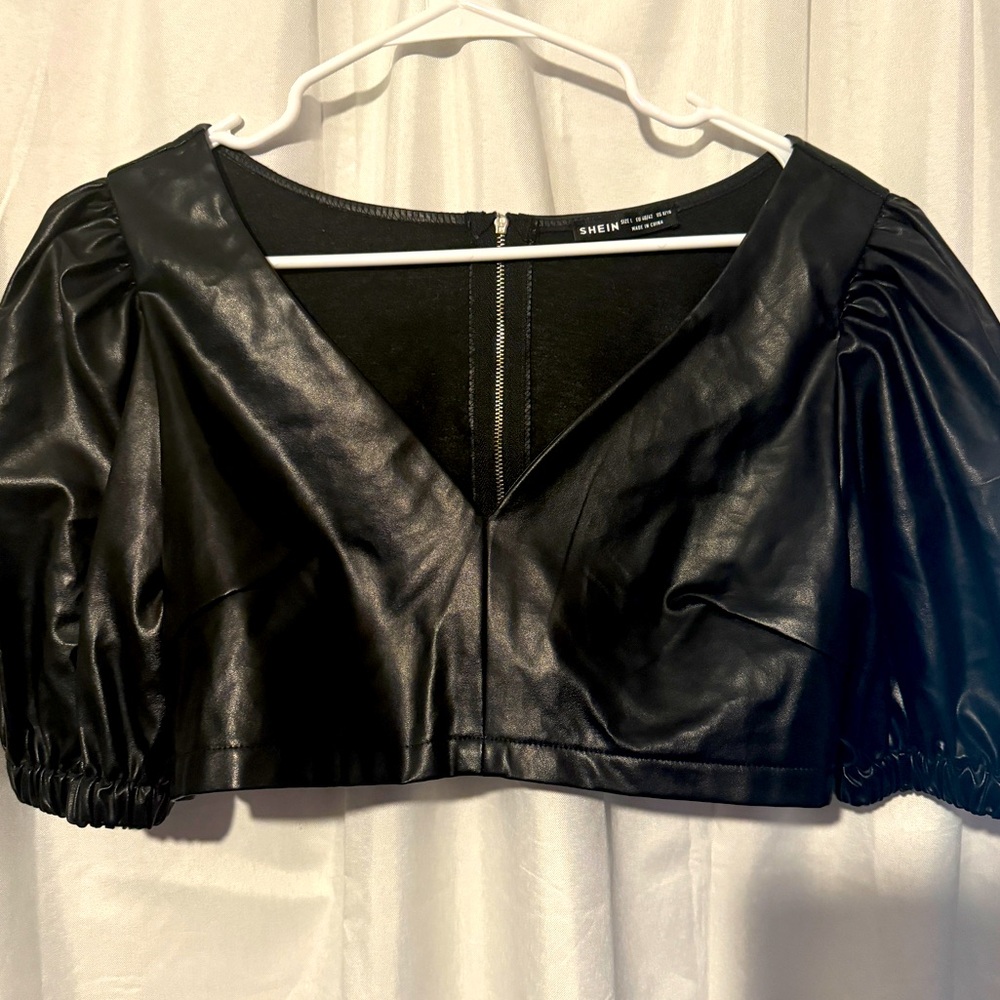Puff Sleeve Leather Crop Top